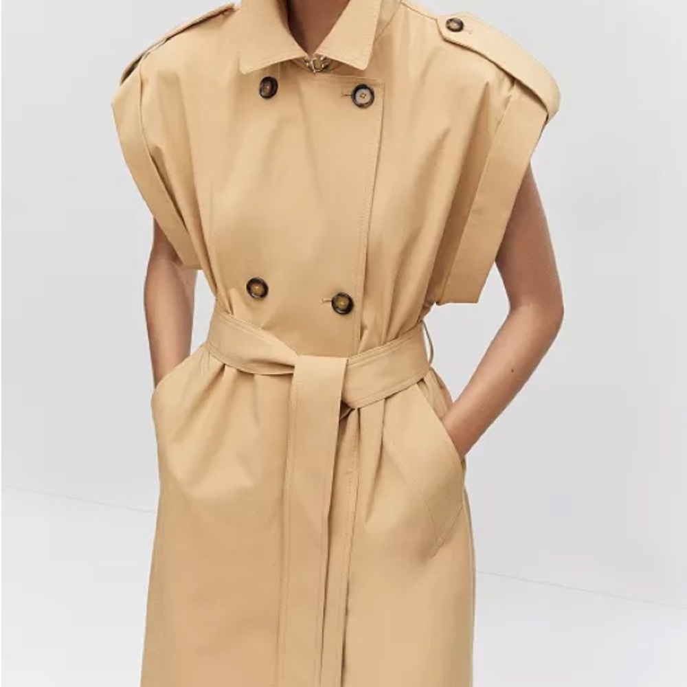 MNG Sleeveless Button-Down Trench Coat Khaki Small - Picture 2 of 13